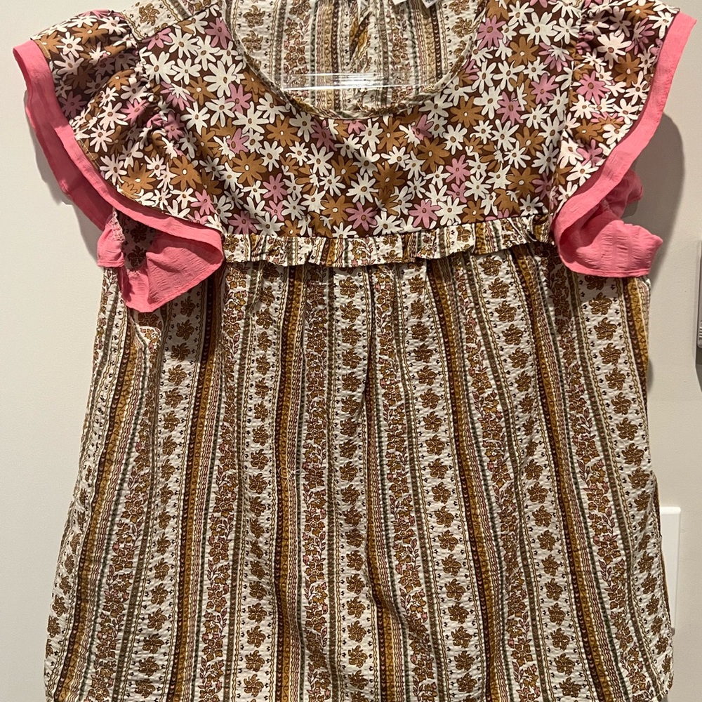 THML Floral and Striped Blouse with Pink Ruffles